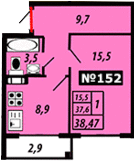 Однокомнатная квартира 41 м²