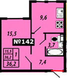Однокомнатная квартира 36.2 м²