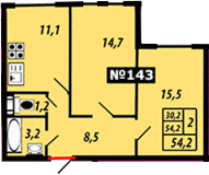 Двухкомнатная квартира 54.8 м²