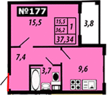 Однокомнатная квартира 40.63 м²
