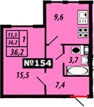 Однокомнатная квартира 36.2 м²